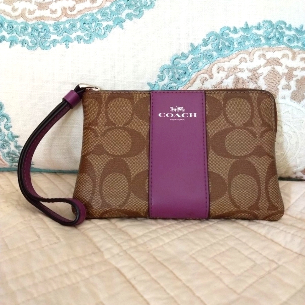 Coach Brown & Purple Leather Coated Canvas Corner-Zip Signature Wristlet